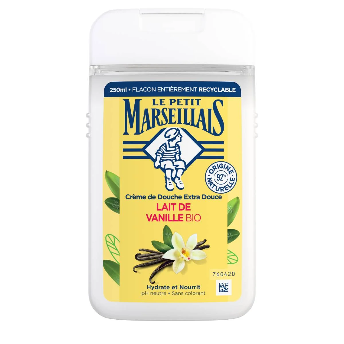 Flacon de Le Petit Marseillais Crème de Douche Extra Douce Lait de Vanille Bio 250 ml avec fleurs et gousses de vanille sur l'étiquette. dakar, Sénégal