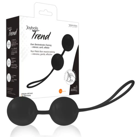 Packaging et image produit de Joyballs Trend, un appareil d'entraînement du plancher pelvien noir avec 2 balles connectées et une boucle, de JoyDivision Boules de Geisha Noir pour Renforcement Périnéal.