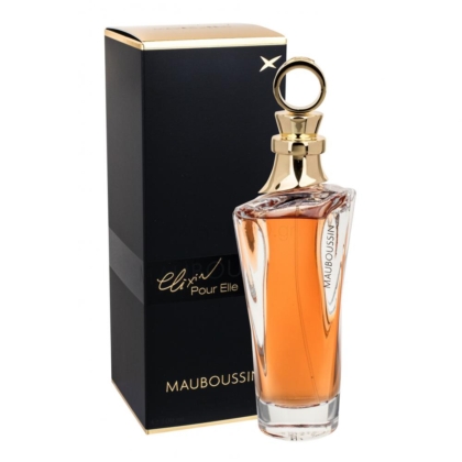 Une eau de parfum Mauboussin Elixir pour Elle de 100 ml se trouve à côté de sa boîte noire et dorée ; le flacon en verre transparent avec un bouchon doré, un liquide ambré et une poignée ronde crée un affichage sophistiqué et élégant. Dakar