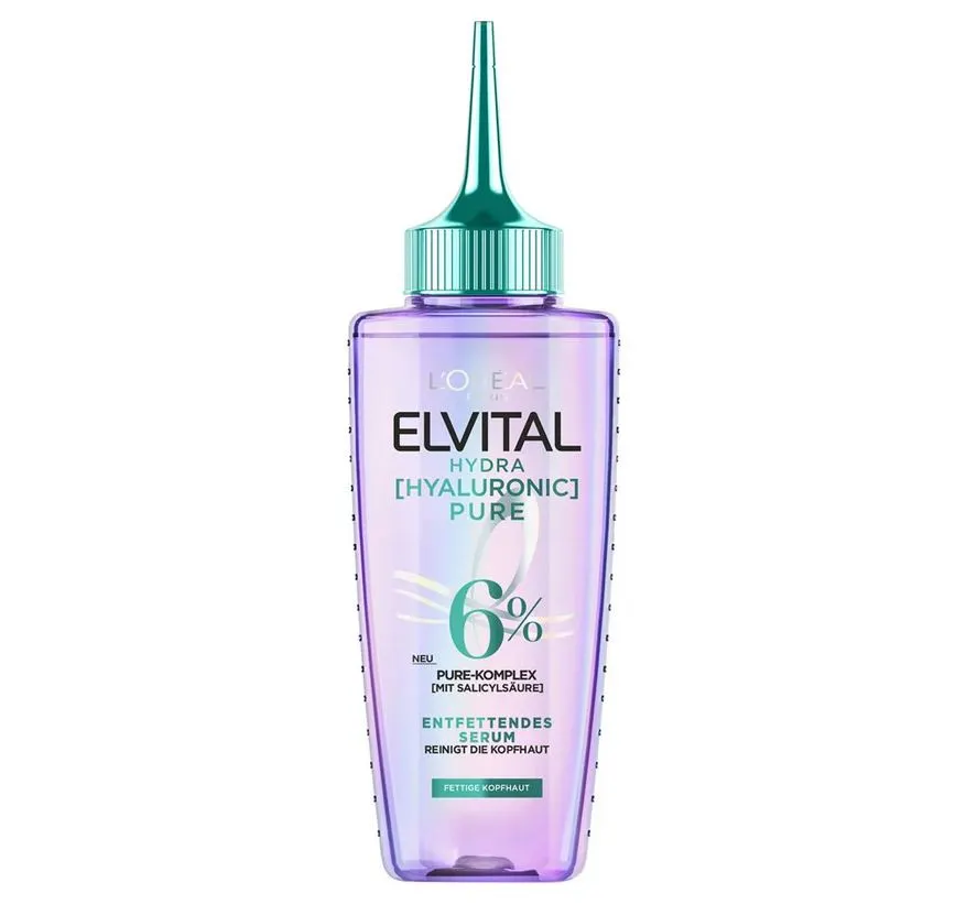 Un flacon transparent de L’Oréal Paris Elvital Sérum Hydra Hyaluronic Pure 102 ml avec un embout vert, étiqueté 6% Pure-Komplex. dakar, Sénégal