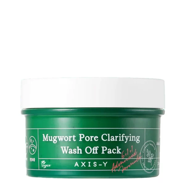 Un contenant vert étiqueté « Mugwort Pore Clarifying Wash Off Pack » d'AXIS-Y, doté d'un couvercle blanc, présente la formule raffinée du Masque Purifiant Clarifiant avec Extrait d'Armoise 100 ml d'AXIS Y. dakar, Sénégal