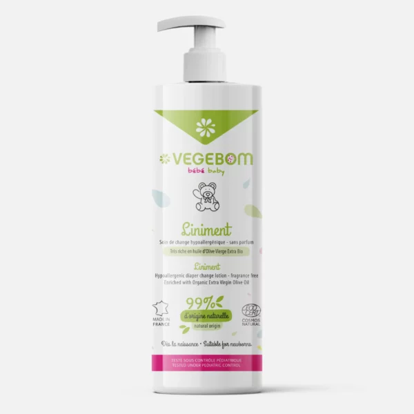 Flacon de VEGEBOM Liniment BEBE nettoie et protège 250ml avec pompe doseuse, doté d'une étiquette verte et blanche avec graphisme bébé. dakar, Sénégal