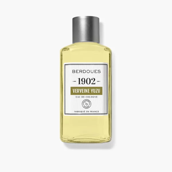 Flacon de Berdoues Verveine Yuzu Eau de Cologne Fraîche et Vivifiante 125 ml avec un bouchon argenté et un liquide jaunâtre à l'intérieur. dakar, Sénégal