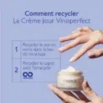 Mains tenant une Caudalie Vinoperfect Crème Éclat Anti-Taches Peau Sensible 50 ml sous le texte "Comment recycler La Crème Jour Vinoperfect" avec notice de recyclage. dakar, Sénégal