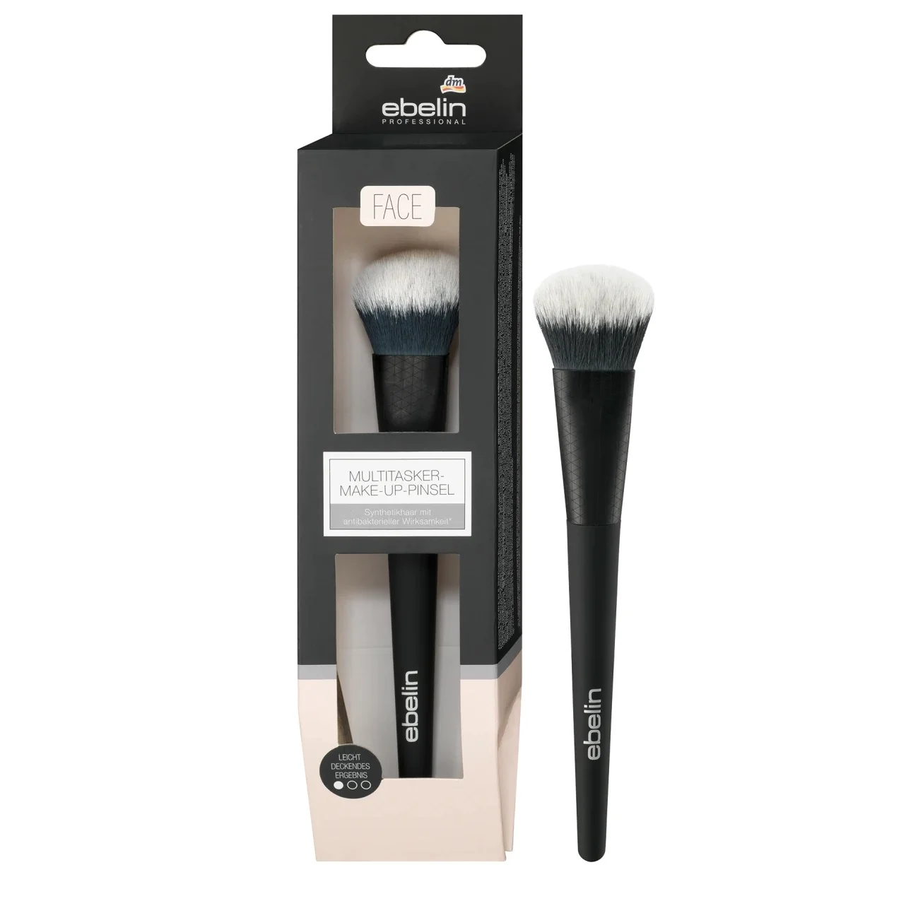 Un pinceau de maquillage noir et blanc présenté à côté de son emballage étiqueté « ebelin Multitasker Make-Up Pinsel FACE ». Le design épuré de ce Pinceau de Maquillage Professionnel Multitâche 1 pc Ebelin en fait un indispensable de beauté polyvalent. dakar, Sénégal