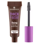 Tube d'Essence Cosmetics Fixateur de Sourcils Thick and Wow! 03 Brunette Brown 6 ml avec un bouchon marron à côté d'un applicateur avec un manche violet. dakar, Sénégal