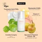 Une infographie du produit de soin de la peau Haruharu Wonder Sérum Éclat Centella 4% Anti Taches 30 ml mettant en évidence les ingrédients clés : acide tranexamique, niacinamide, vitamine C, complexe Centella et extrait de poire. dakar, Sénégal