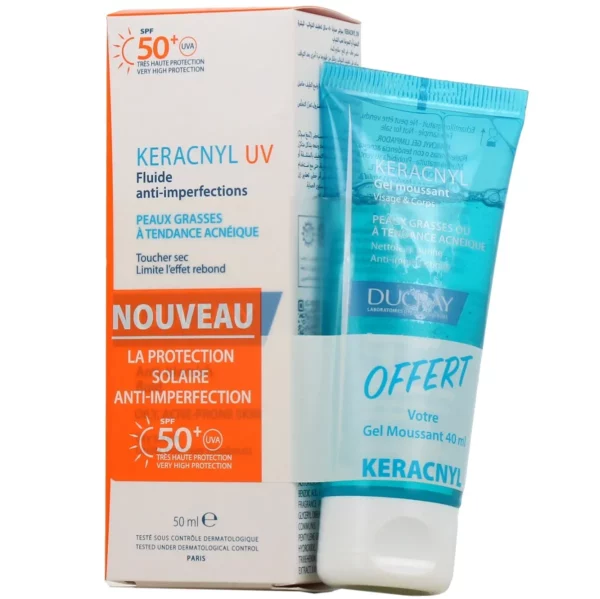 Le coffret Ducray Keracnyl comprend un tube et une boîte mettant en valeur le puissant écran solaire Fluide Anti-Imperfections SPF50+ 50 ml pour peaux grasses à tendance acnéique, ainsi que le Gel Moussant Anti-Imperfections 40 ml. dakar, Sénégal