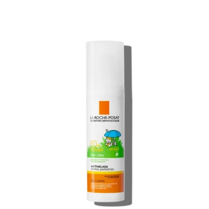 Flacon de La Roche Posay Anthelios Dermo Pediatrics Lait Bébé SPF 50+ (50 ml), représentant un enfant de dessin animé et une herbe verte luxuriante. dakar, Sénégal