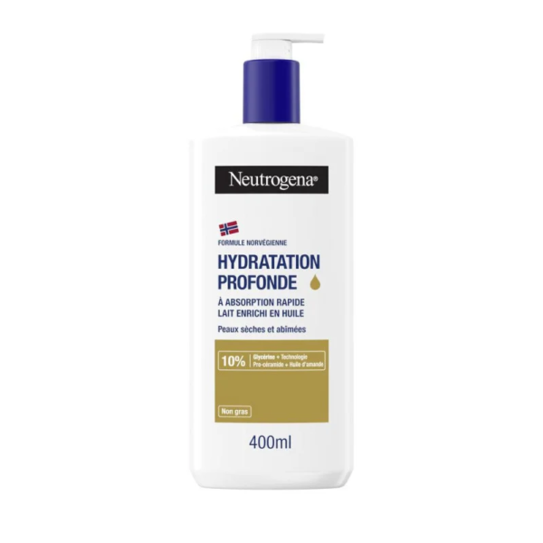 Flacon de Neutrogena Hydratation Profonde Lait Enrichi en Huile Peau très Sèche, 400 ml, avec un bouchon pompe pratique et une jolie étiquette bleue et blanche. dakar, Sénégal