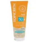 Tube de Topicrem Sun Protect Lait Solaire Hydratant SPF50+ pour peaux sensibles, 200 ml, avec une étiquette orange et blanche. dakar, Sénégal