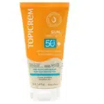 Flacon de Topicrem Sun Protect Lait Solaire Hydratant SPF 50+, 50 ml, avec une étiquette orange, convient aux peaux sensibles. dakar, Sénégal