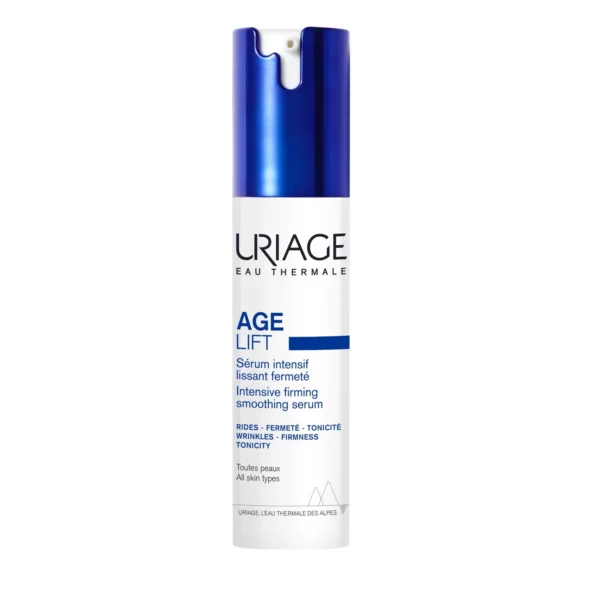 Un flacon blanc et bleu de Uriage Age Lift Sérum Intensif Lissant Fermeté Anti-âge – Rides, Fermeté, Tonicité au Retinol et à L'acide Hyaluronique + AHA 30 ml, un sérum lissant raffermissant intensif pour tous types de peau sur fond blanc. dakar, Sénégal