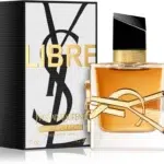 Flacon et coffret d'Yves Saint Laurent Libre Intense Eau de Parfum pour femme 30ml aux accents dorés sur fond blanc. dakar, Sénégal