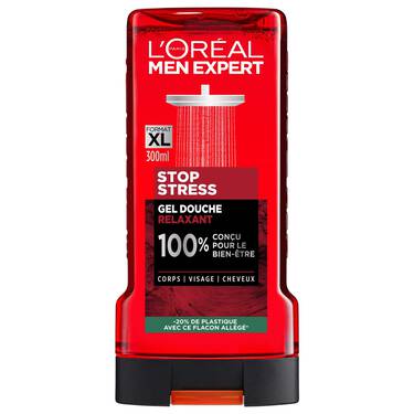 Flacon rouge de gel douche Stop Stress de L'Oréal Men Expert, 250 ml, étiqueté pour le corps, le visage et les cheveux, avec un bouchon à rabat noir. dakar, Sénégal