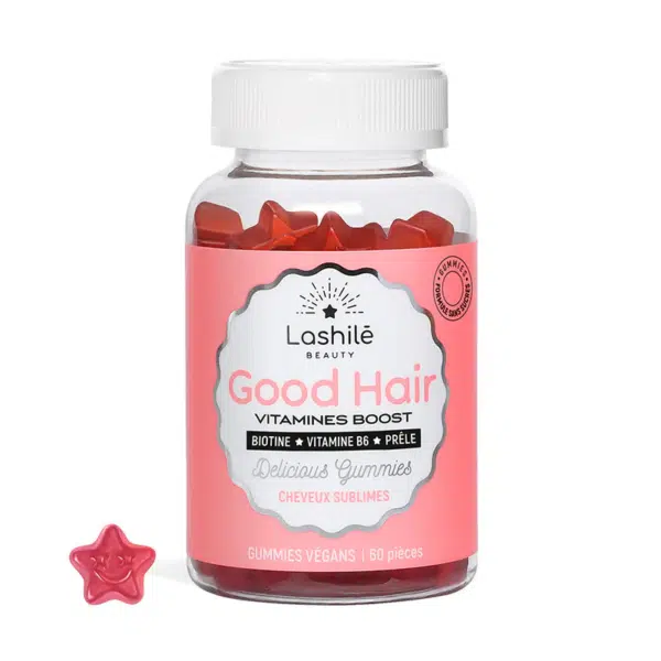 Un pot étiqueté « Lashilé Beauty Good Hair Beauté, pousse, fortification des cheveux 60 Gummies » contenant des gummies rouges en forme d'étoile, avec un gummie placé à l'extérieur du pot. dakar, Sénégal