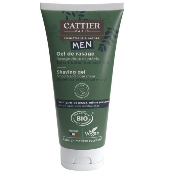 Tube vert de Cattier Men Gel de Rasage Formule Bio Actif 150 ml à l'extrait végétal pour un rasage de près et en douceur. Emballage vegan et écologique. dakar, Sénégal