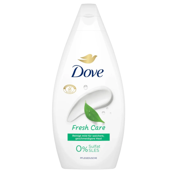 Flacon de gel douche Dove Fresh Care blanc arborant un graphisme de feuille verte et le texte « 0% Sulfat SLES », connu sous le nom de DOVE Gel Douche Soins Frais 450 ml.