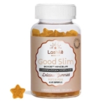 Un flacon de gummies minceur perte de poids LASHILE Boost de Lashilé Beauty avec un bonbon à côté. Le flacon, qui complète également les bienfaits de Good Skin Anti-âge, contient 60 gummies minceur vegan. dakar, Sénégal