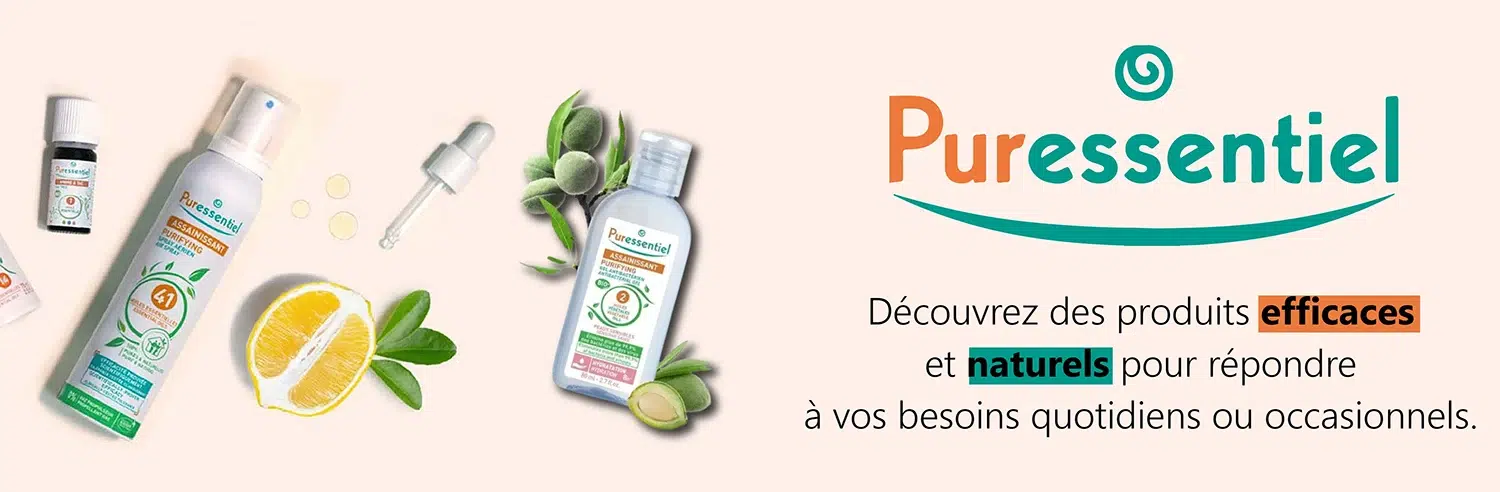 Découvrez la gamme de produits Puressentiel aux ingrédients naturels, dont le citron et les feuilles vertes, présentée par Univers Cosmetix dans un texte français élégant.