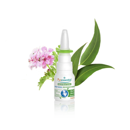 Un Spray Nasal Décongestionnant Puressentiel : Rhume - Rhinite - Sinusite Flacon de 15 ml aux feuilles vertes et fleurs roses qui l'accompagnent rayonne de bien-être naturel. dakar, Sénégal