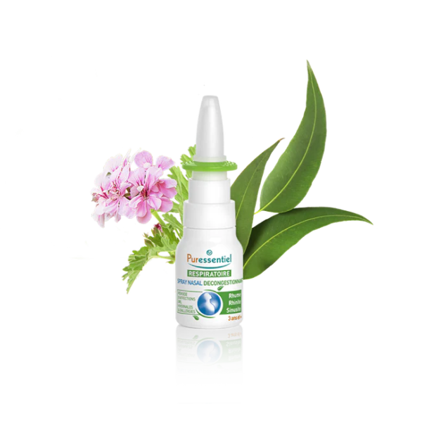 Un Spray Nasal Décongestionnant Puressentiel : Rhume - Rhinite - Sinusite Flacon de 15 ml aux feuilles vertes et fleurs roses qui l'accompagnent rayonne de bien-être naturel. dakar, Sénégal