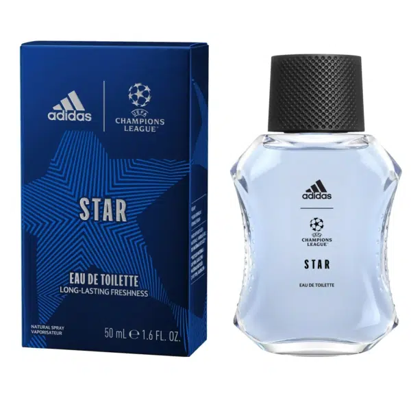 Un flacon de 50 ml d'Adidas Eau de Toilette Homme UEFA STAR et son élégant coffret bleu sont présentés côte à côte. dakar, Sénégal