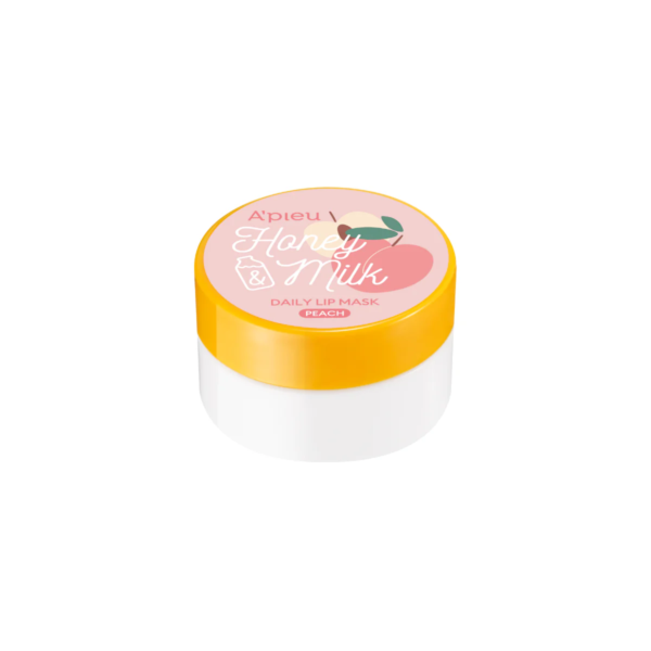 Un pot pêche et jaune étiqueté "Honey & Milk Daily Lip Mask Berries 6g (Copy)" par A'Pieu (A'PIEU Masque Quotidien Lèvres Miel et Lait au Baies).