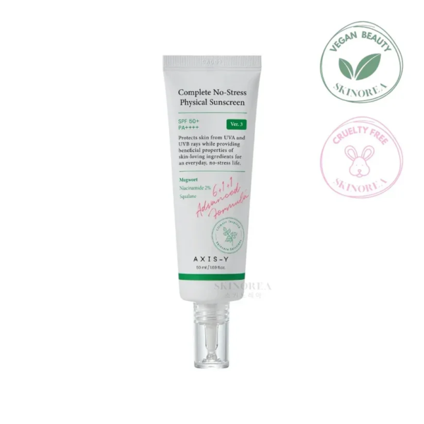 Tube d'Axis Y Crème Solaire Physique V3 Complète Sans Contrainte 50 ml aux labels Vegan Beauty et Cruelty-Free, également connue sous le nom d'Axis Crème Solaire.