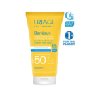 Tube de URIAGE BARIESUN CRÈME HYDRATANTE SPF50+ NON PARFUMÉE 50 ml, avec emballage jaune et étiquettes bleues.