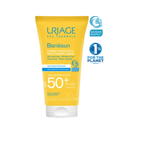 Tube de URIAGE BARIESUN CRÈME HYDRATANTE SPF50+ NON PARFUMÉE 50 ml, avec emballage jaune et étiquettes bleues.