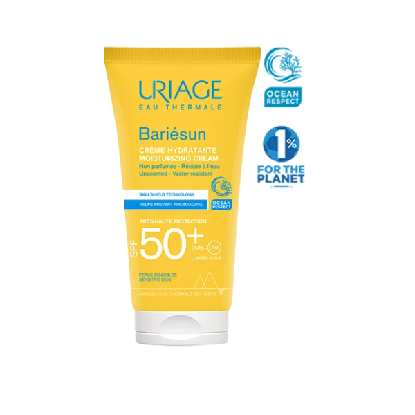 Tube de URIAGE BARIESUN CRÈME HYDRATANTE SPF50+ NON PARFUMÉE 50 ml, avec emballage jaune et étiquettes bleues.