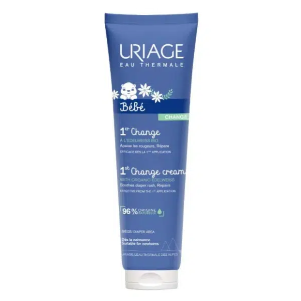 Tube de Crème URIAGE BÉBÉ 1ER CHANGE 100 ml, au design bleu et blanc et composé à 96% d'ingrédients d'origine naturelle.