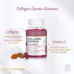 Flacon de Biocyte Anti Age Fermeté Collagen Express 45 Gummies avec texte descriptif, contenant de la vitamine C pour un bénéfice supplémentaire et des suppléments gélifiés colorés dispersés à proximité.