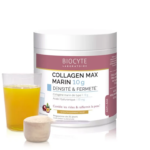 Biocyte Peau Redensifiée Collagen Max 10g Marin Contenant de supplément de 220 g avec un verre de liquide orange et un comprimé de supplément.