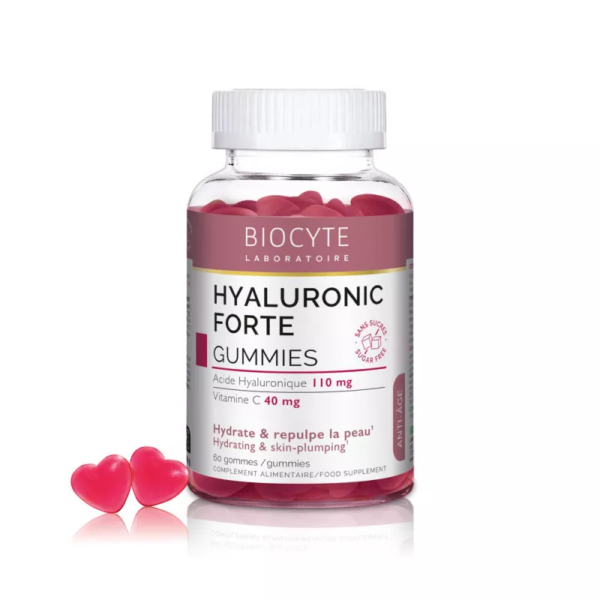 Un flacon de Biocyte Anti Rides Hydratation Acide Hyaluronique et Vitamine C Forte 60 Gummies avec deux gummies en forme de cœur à côté. L'étiquette indique 60 gummies, offrant des bienfaits hydratants et antirides exceptionnels.