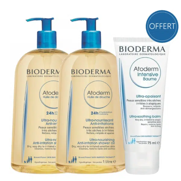 Deux flacons d'huile de douche Bioderma Duo Atoderm Ultra Hydratant Et Apaisant, conçue pour lutter contre les irritations et les démangeaisons liées à l'eczéma, associés à un tube d'Atoderm Baume Intensif à droite, étiqueté « offert ».