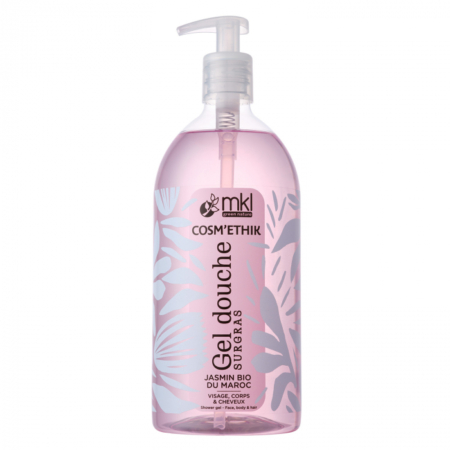 Un flacon de 200 ml de gel douche MKL Gel Cosm'éthik Jasmin Bio du Maroc, au liquide rose et au design floral.