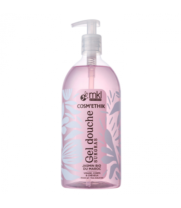 Un flacon de 200 ml de gel douche MKL Gel Cosm'éthik Jasmin Bio du Maroc, au liquide rose et au design floral.