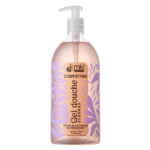 Flacon pompe transparent de gel douche MKL Gel Cosm'éthik Jasmin Bio du Maroc avec un motif floral violet sur l'étiquette.