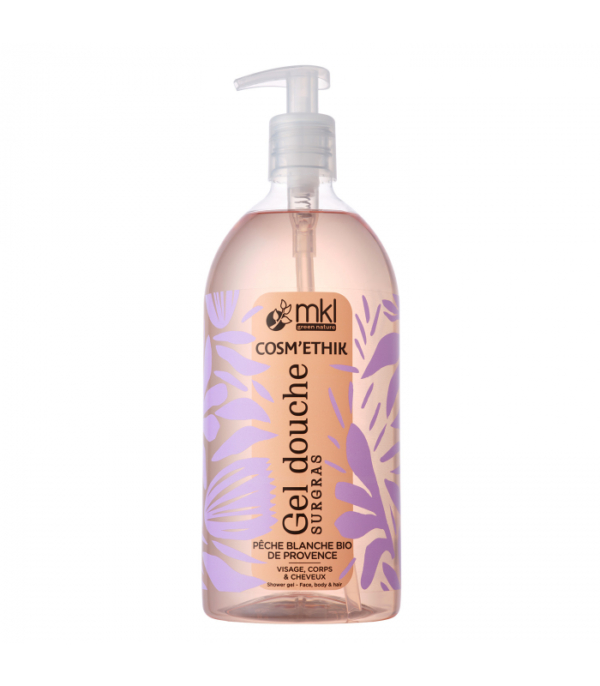 Flacon pompe transparent de gel douche MKL Gel Cosm'éthik Jasmin Bio du Maroc avec un motif floral violet sur l'étiquette.