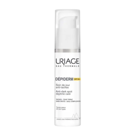 Un flacon de URIAGE DÉPIDERM SOIN DE JOUR SPF50+ ANTI TACHES 30 ml avec texte en français et en anglais.