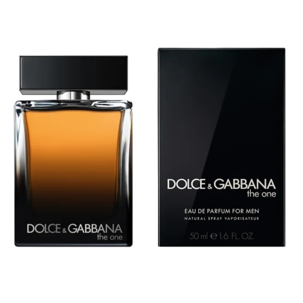 Dolce & Gabbana The One for Men Eau de Parfum pour homme 50 ml, élégamment emballé dans un flacon noir et ambré avec une boîte noire assortie.