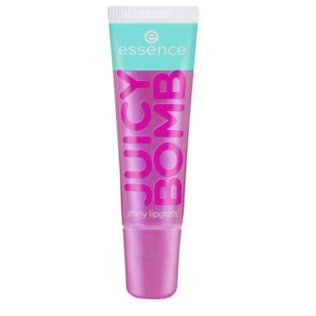 Un tube de 10 ml de Essence Cosmetics Juicy Bomb Shiny Lipgloss 105 Bouncy Bubblegum, doté d'un capuchon bleu sarcelle et d'un corps violet, étiqueté en texte rose.