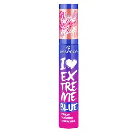 Le mascara Essence Cosmetics Noir I love Extrême Crazy Volume Blue 12 ml présente un emballage rose et bleu avec le texte « mascara crazy volume ».