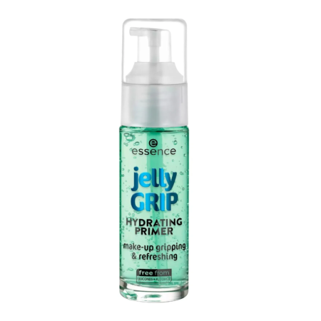 Un flacon transparent de Essence Cosmetics Jelly Grip Base Maquillage Hydratant et Rafraîchissant 29 ml avec un distributeur à pompe, contenant un produit gélatineux vert.