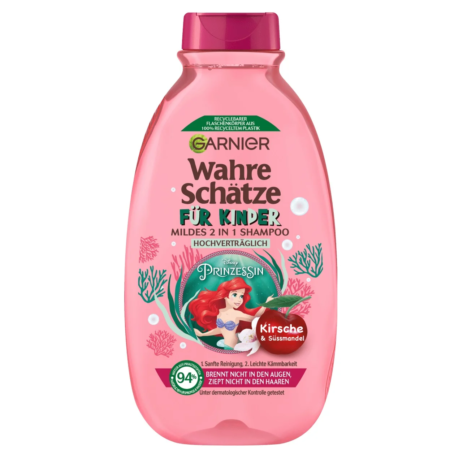 Garnier Shampoing et Après Shampoing Enfants 2 en 1 Cerise 300 ml, avec une image d'une princesse sur un flacon rose comportant des cerises et du sésame, était anciennement connu sous le nom de Garnier Wahre Schätze Kids 2-in-1 Shampoo.