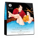 Emballage de Shunga Gel en Poudre pour Bain Japonais LoveBath 650 g avec une séduisante illustration d'art érotique Shunga Peinture sur la couverture.