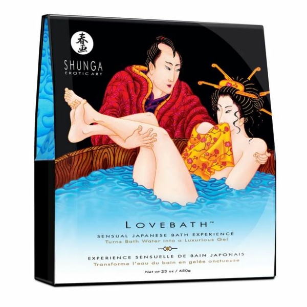 Emballage de Shunga Gel en Poudre pour Bain Japonais LoveBath 650 g avec une séduisante illustration d'art érotique Shunga Peinture sur la couverture.