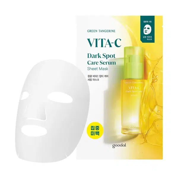 Un masque en feuille Goodal Goodal Masque Feuille Sérum Soin Taches Green Tangerine Vita C à côté de son emballage, avec une image du flacon de sérum. Ce masque feuille promet une peau radieuse et un traitement efficace des taches brunes.